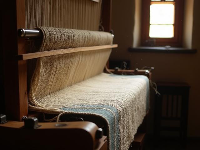 An ancient handloom in an Aubusson workshop, illuminated by warm light, symbolizing the heritage of Fournil Chaîne.