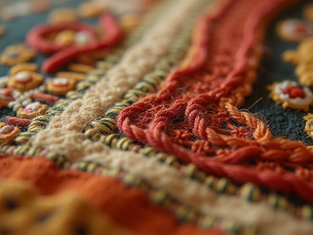 Détail d'une tapisserie ancienne restaurée, montrant le travail minutieux de réparation.